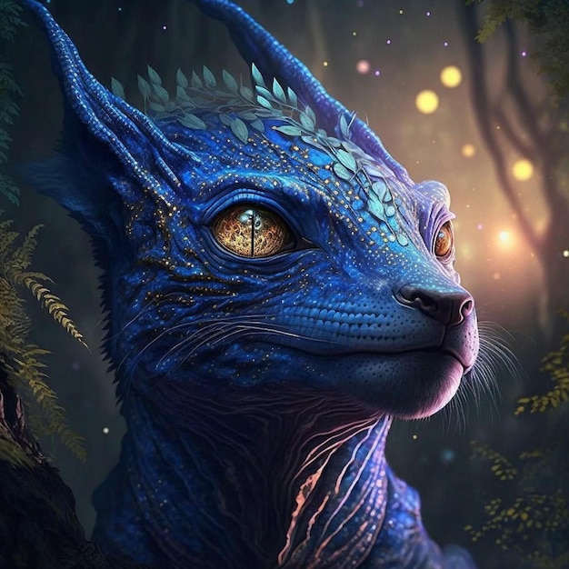 Un dragon bleu avec un œil jaune est assis dans une forêt.