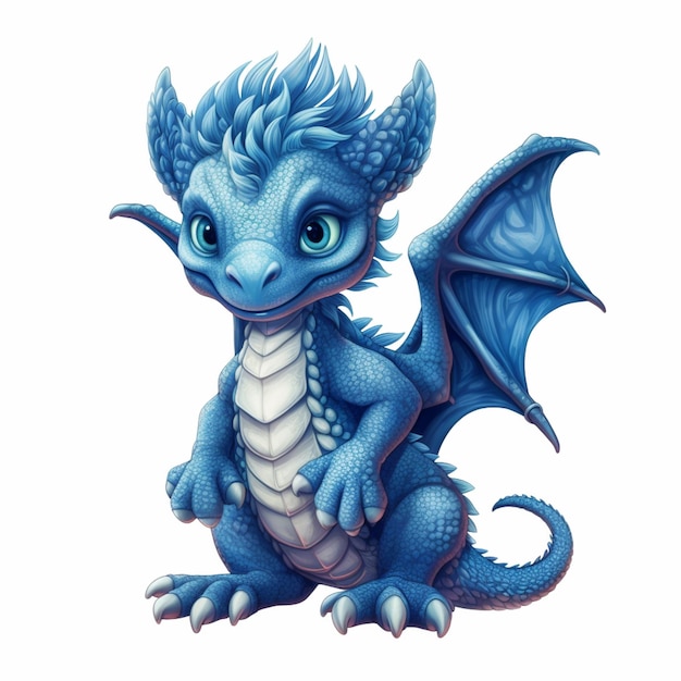 Un dragon bleu avec une queue bleue est assis sur un fond blanc.