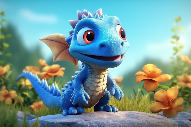 Un dragon bleu avec une queue bleue se dresse sur un rocher dans un champ de fleurs.