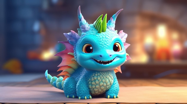 Un dragon bleu avec une queue rose est assis sur une table devant un feu.