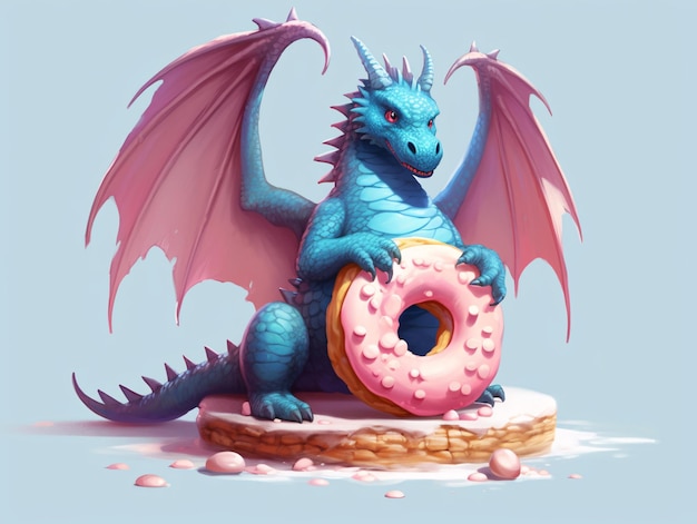 Dragon bleu tenant un beignet sur fond bleu