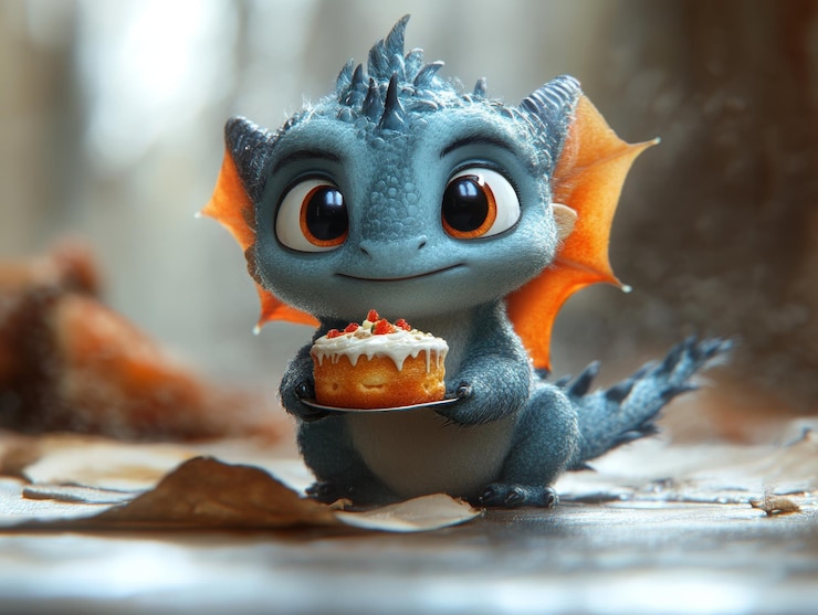 Photo un dragon bleu avec des yeux orange tient un cupcake