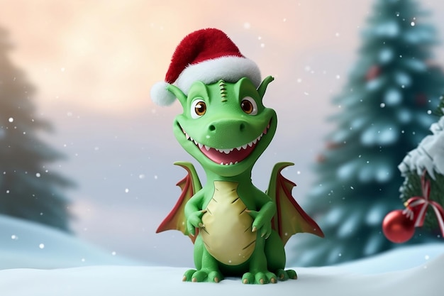 Dragon en bois vert près de l'arbre de Noël