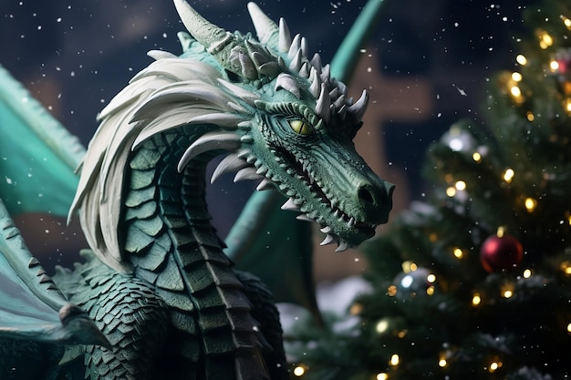 Dragon en bois vert près de l'arbre de Noël