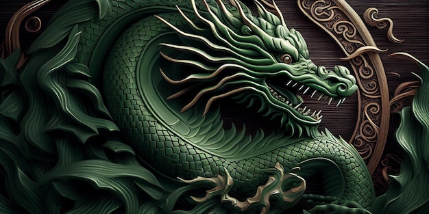 Dragon en bois vert symbole du Nouvel An lunaire 2024 Traditions du zodiaque chinois Generative AI