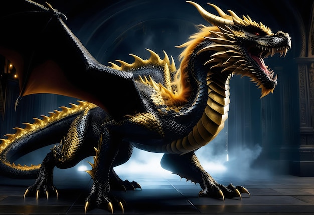 Dragon à la bouche ouverte et aux ailes Symbole de 2024 Photo sombre Lumière cinématographique