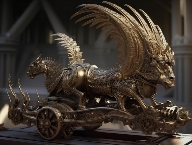 Un dragon de bronze et un chariot avec des ailes