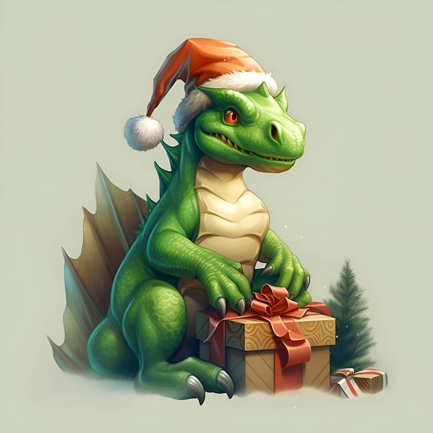 Dragon en chapeau de Noël isolé sur fond blanc