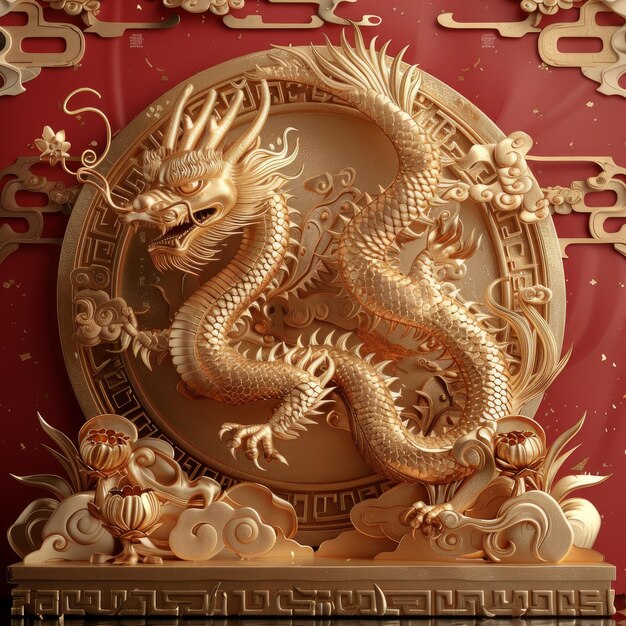 Dragon chinois 3D 2024 année or nouveau podium cny lunaire