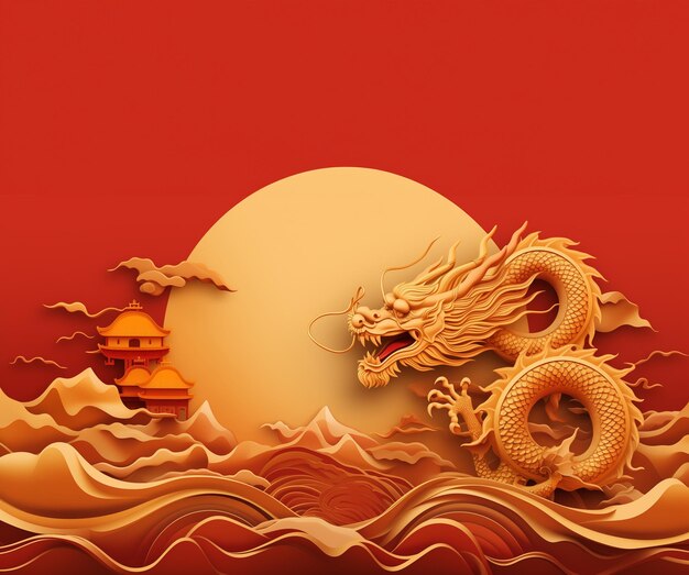 Dragon chinois 3D dans le ciel et nuage sur fond rouge GenerativeAI