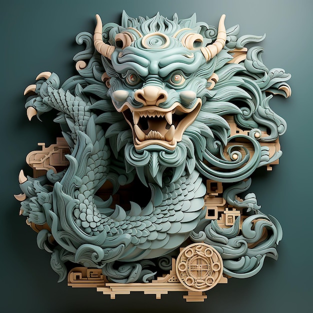 Le dragon chinois en bois vert est le symbole de la nouvelle année 2024, l'année du bien-être et de la prospérité Illustration pour la présentation de la carte bannière générée par l'IA