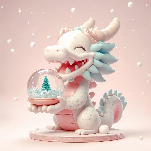 Photo dragon chinois avec une boule de neige sur fond rose