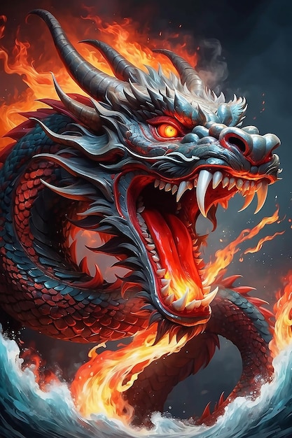 Un dragon chinois captivant émettant de l'énergie et de la passion, une œuvre d'art avec une flamme rouge audacieuse.