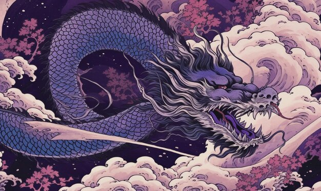 Un dragon chinois dans les nuages avec des nuages et les mots dragon dessus.