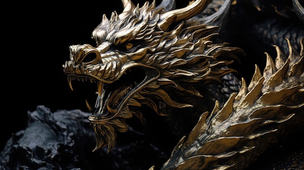 Dragon chinois doré avec bouche ouverte dans la pose de flexion du corps sur fond noir