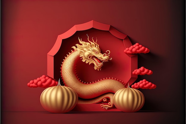 Dragon chinois doré avec des lanternes en papier sur rouge