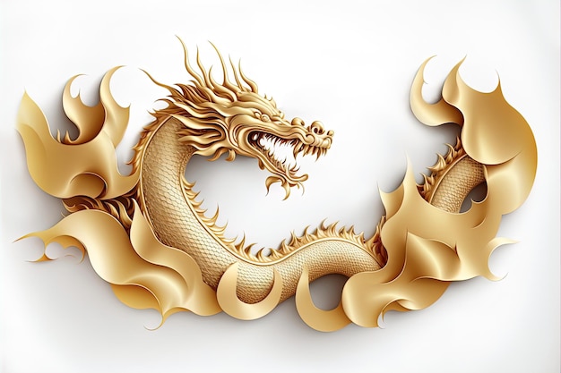 Dragon chinois doré avec des nuages de papier sur jaune