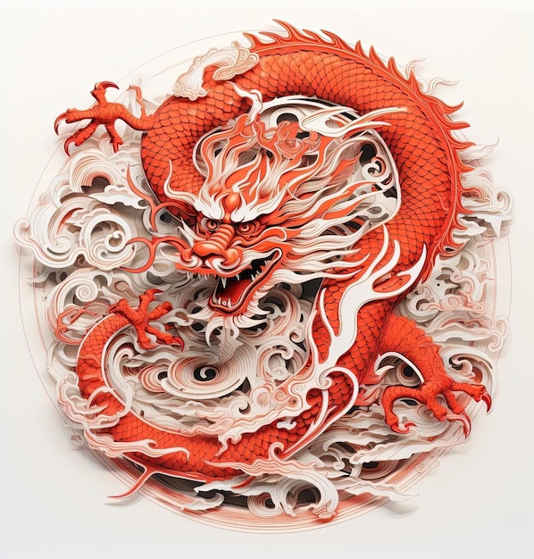 le dragon chinois est représenté en rouge sur fond blanc