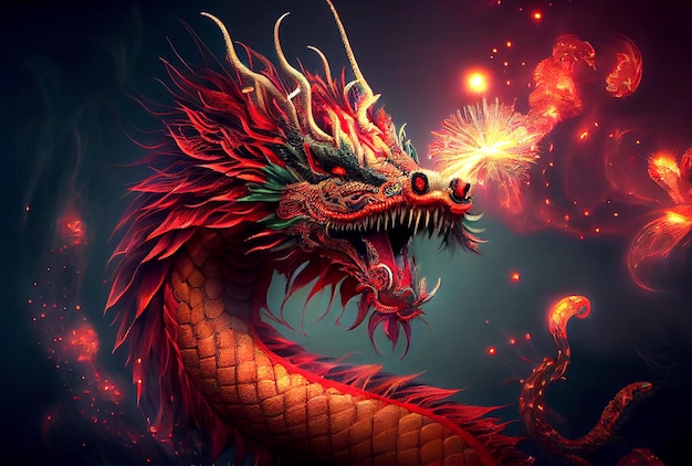 Dragon chinois avec des feux d'artifice de feu à l'arrière-plan de la fête AI générative