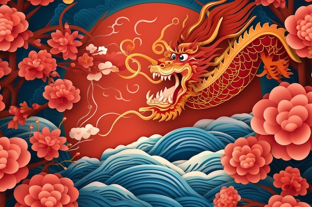 Un dragon chinois avec des fleurs rouges sur le fond