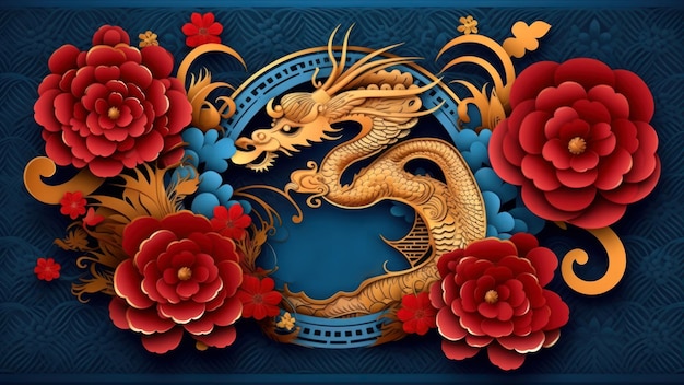 Un dragon chinois et des fleurs sont sur fond bleu