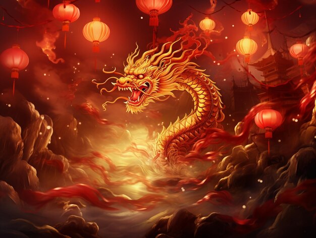 Un dragon chinois s'élève dans un ciel rouge pour célébrer le Nouvel An.
