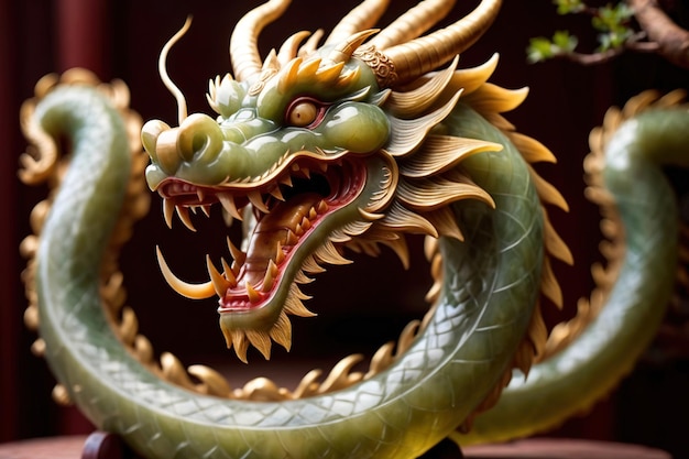 Un dragon chinois sculpté dans une pierre précieuse de jade.