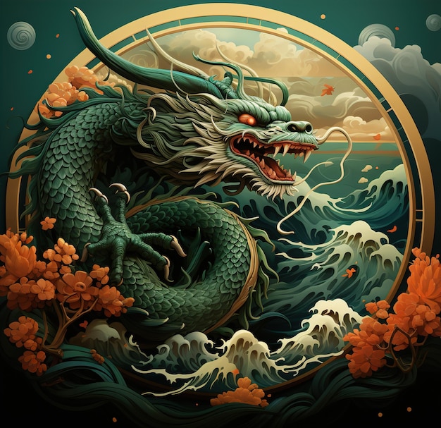 Photo dragon chinois traditionnel dessiné dans un cercle voûté créature mythologique asiatique et orientale