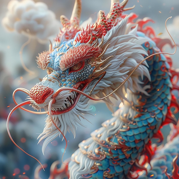 un dragon chinois avec un visage rouge et bleu et le mot chinois dessus