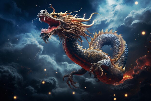 Photo un dragon chinois volant sur un ciel sombre et une galaxie en arrière-plan