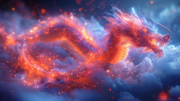 Un dragon chinois volant sur les nuages.