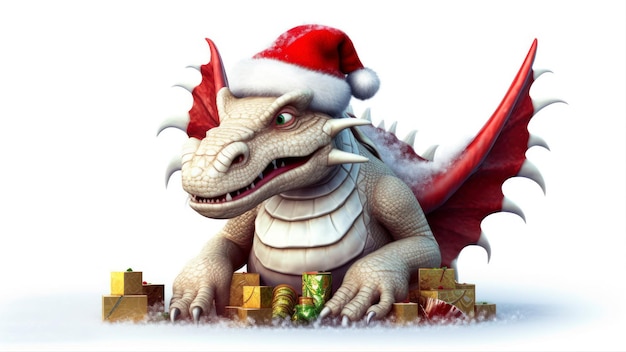 Un dragon coiffé d'un bonnet de noel est assis devant une pile de cadeaux.