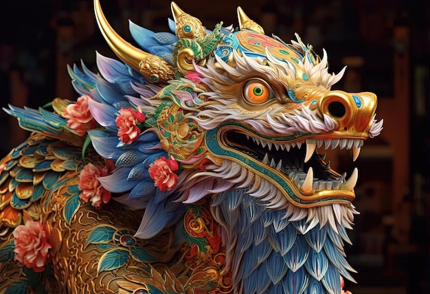 un dragon coloré conçu dans des détails complexes dans le style du vignettage