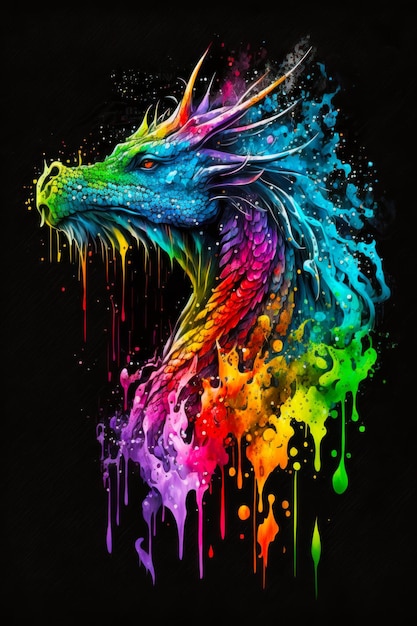 Dragon coloré sur fond noir IA générative