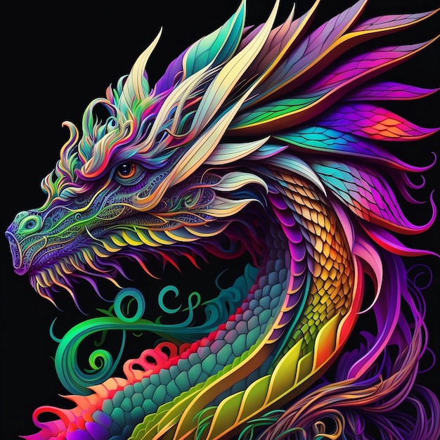 Un dragon coloré sur fond noir