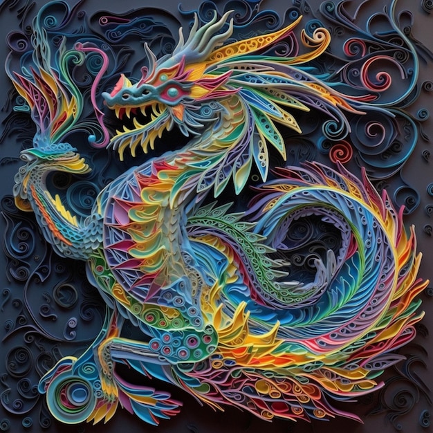 Un dragon coloré avec une longue queue et une queue.