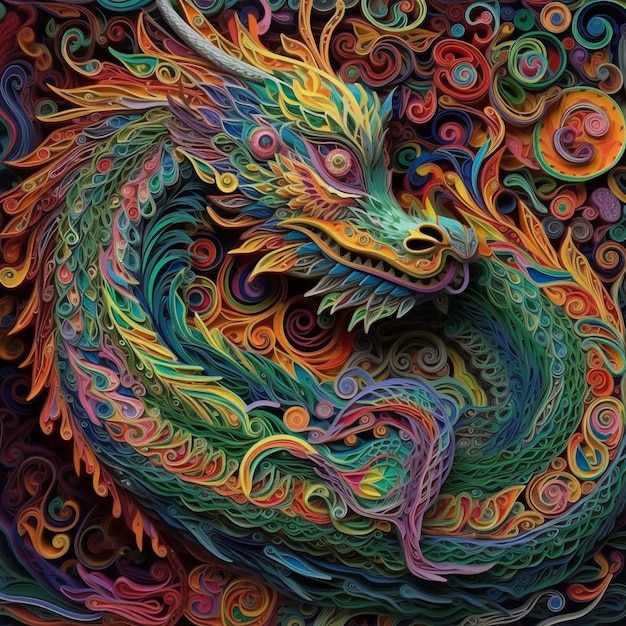 Un dragon coloré avec un motif en spirale.