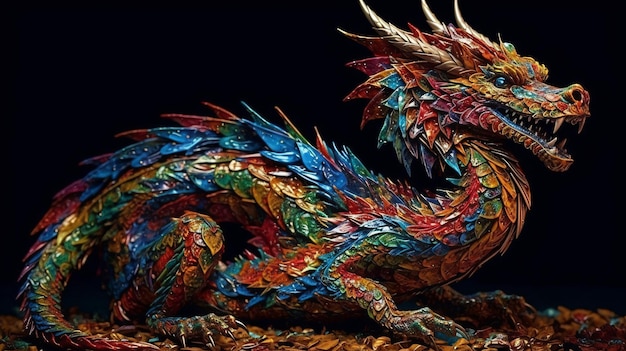 Un dragon coloré avec de nombreuses couleurs dessus