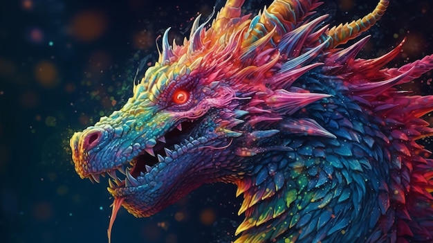 Un dragon coloré avec un œil rouge et un œil bleu.