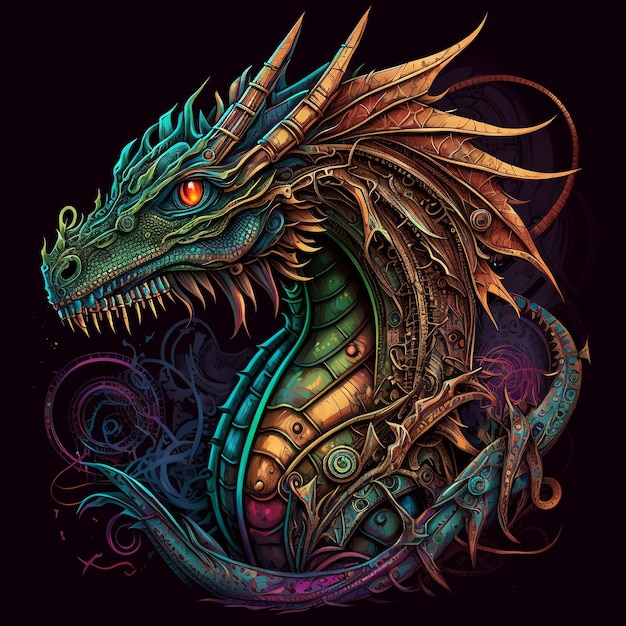 Un dragon coloré avec un visage bleu et des yeux orange.