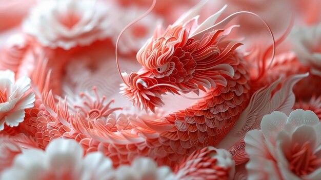 Le dragon de corail complexe au milieu des motifs floraux