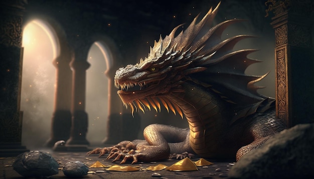 Un dragon avec une couronne d'or est assis devant un château.