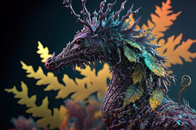 Un dragon avec une couronne verte et un arbre sur la tête