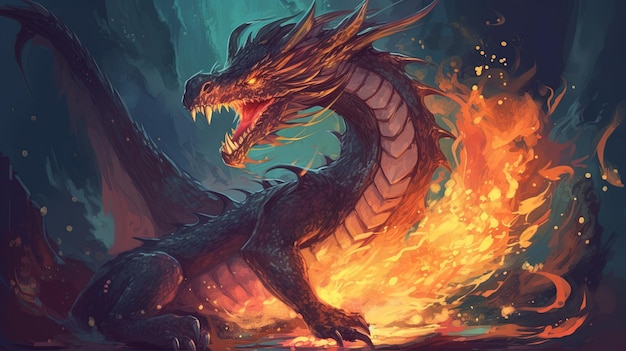 Un dragon cracheur de feu Concept fantastique Peinture d'illustration AI générative