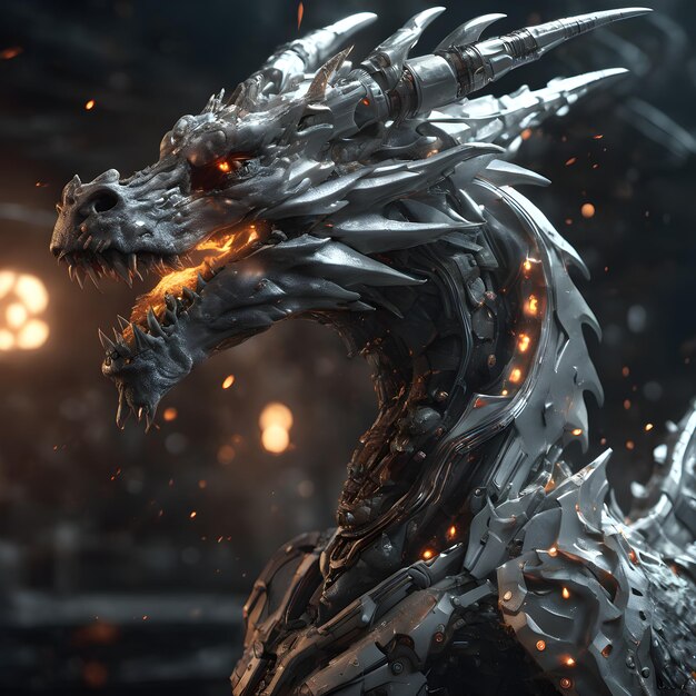 Dragon cyborg métallique Enigma enflammé dans un enfer enveloppé de fumée