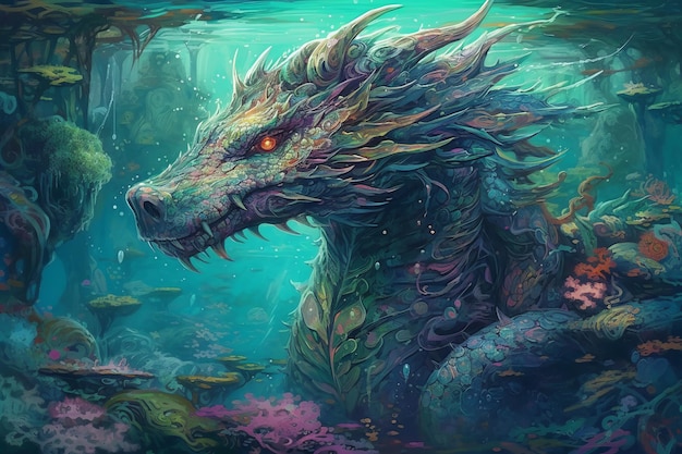 Un dragon dans l'eau avec des poissons dessus