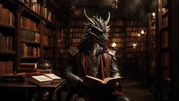 Un dragon dans une librairie absorbé par la lecture de romans fantastiques