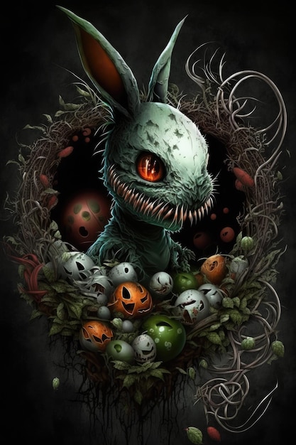 Un dragon dans un nid avec des œufs et un visage effrayant.