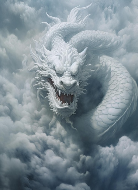 Un dragon dans les nuages avec un dragon blanc dessus