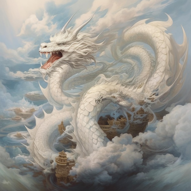 Un dragon dans les nuages avec des nuages et les mots dragon dessus